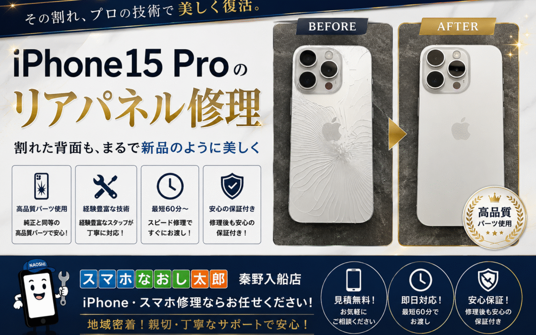 【リアパネルが割れてしまったiPhone１５Proの修理しました！】